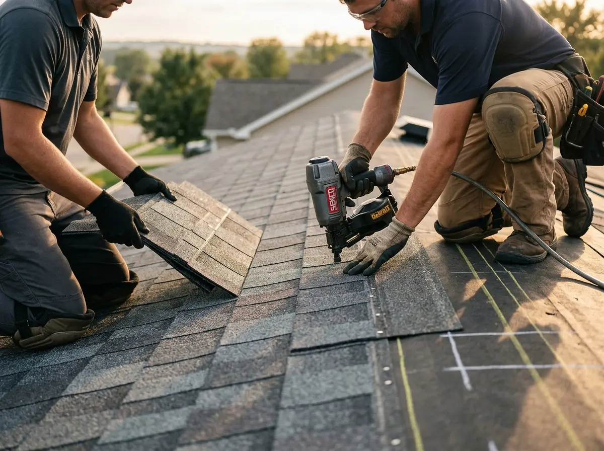 Professional roofer working on a residential roof in DeWitt